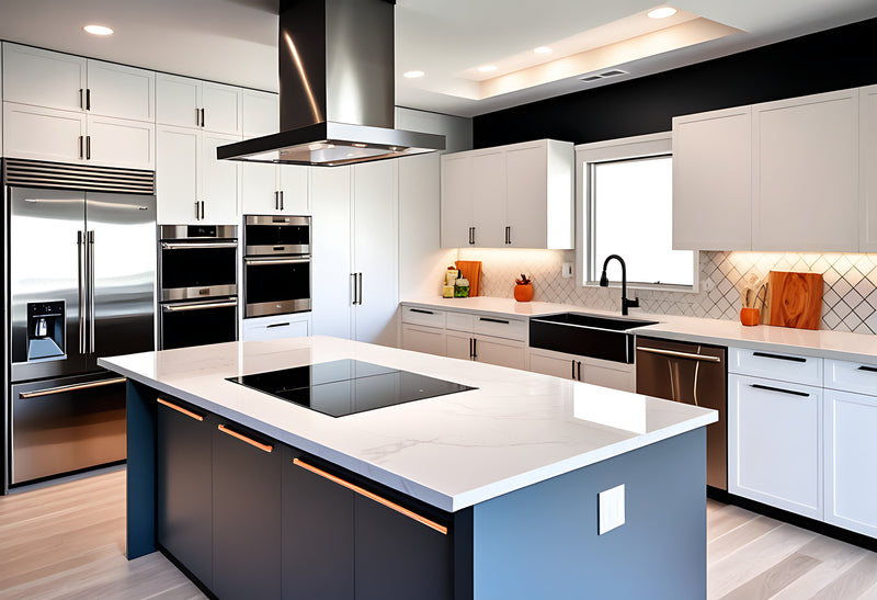 A quartz countertop in a kitchen.