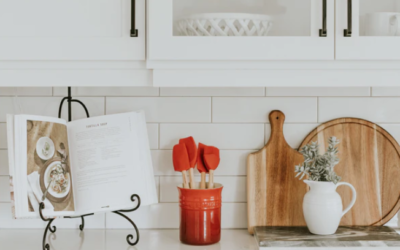 A kitchen with a cook book.