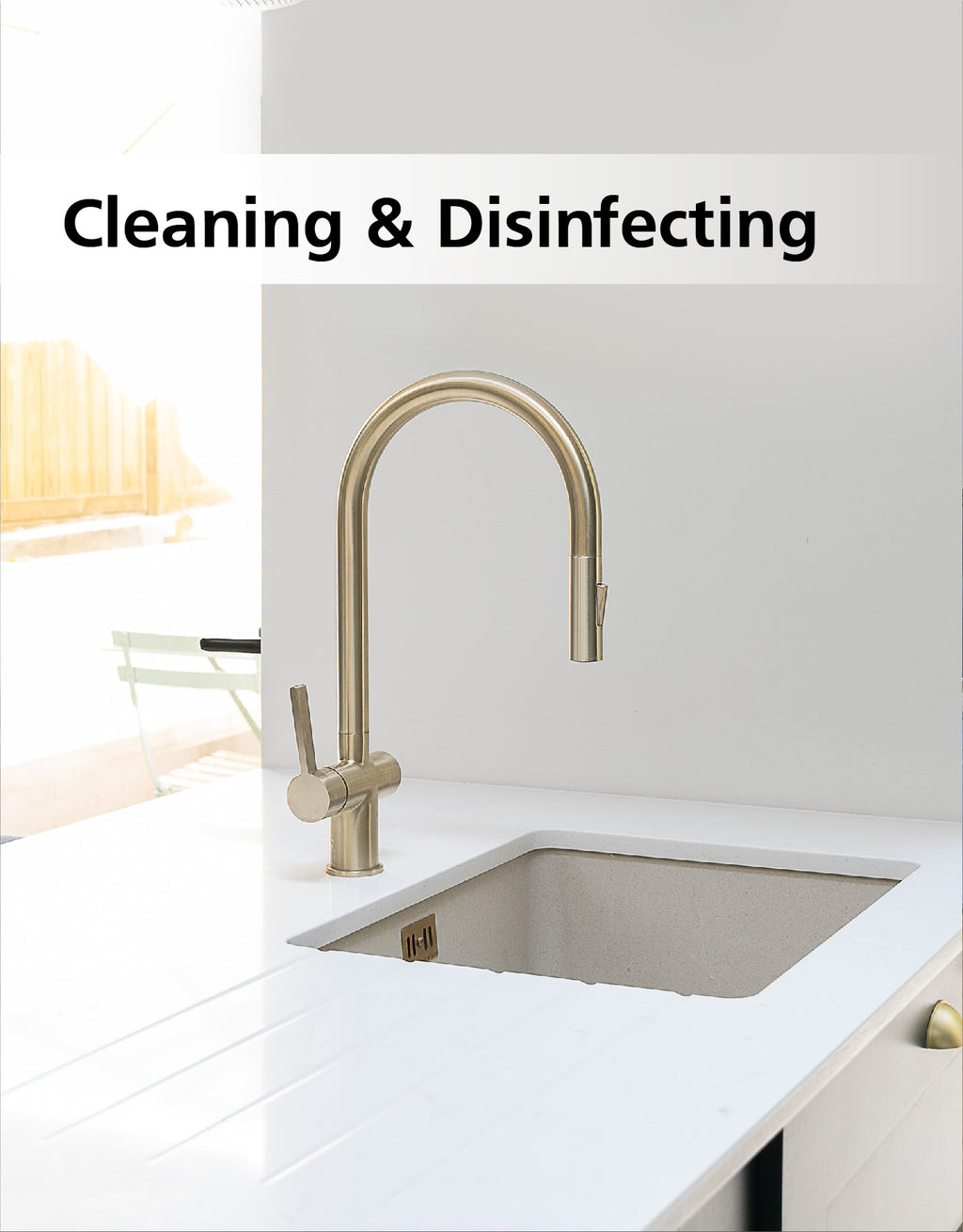The words clean and disinfecting with white countertops around a sink with a gold faucet