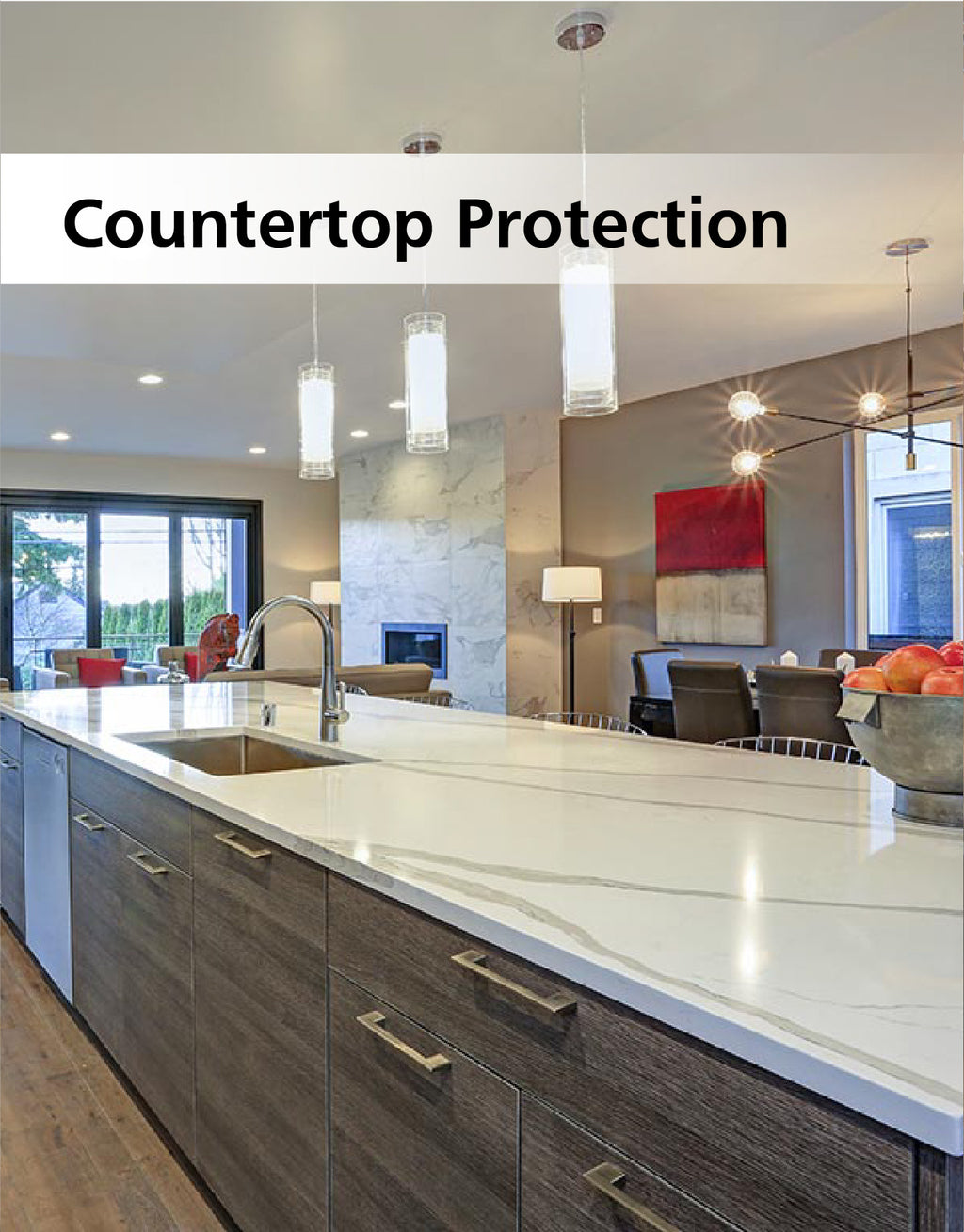 The words countertop protection with a kitchen island with white granite countertop